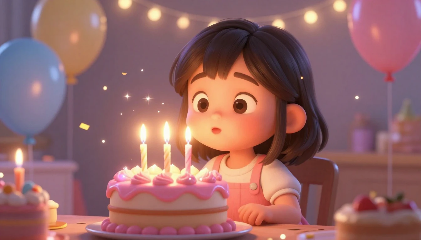 A cute 3D animated style scene of a happy young girl blowing...