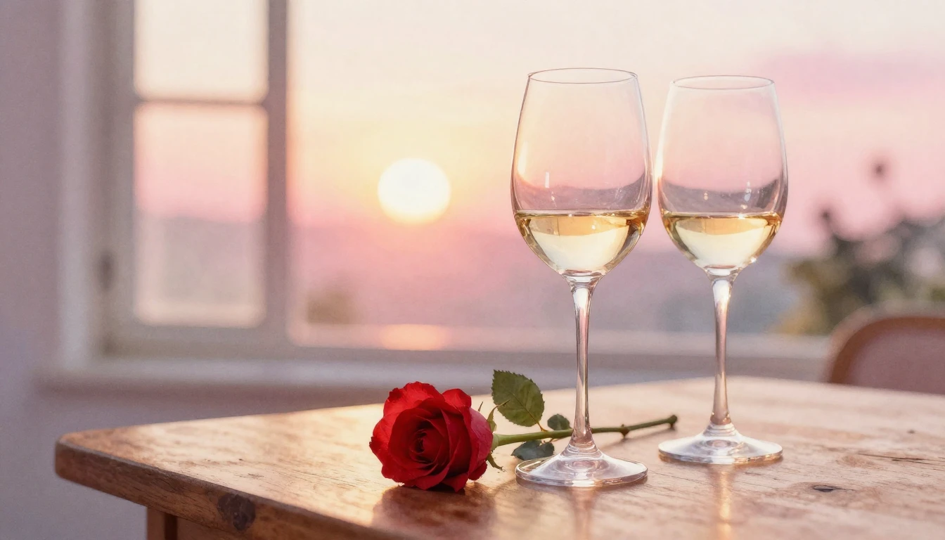 A soft watercolor painting of two elegant wine glasses sitti...