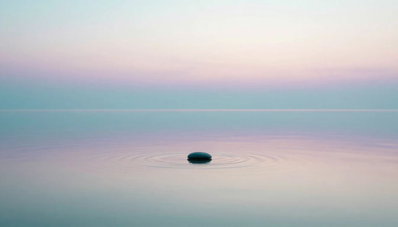 A vast, calm expanse of still water reflecting a soft, gradi...