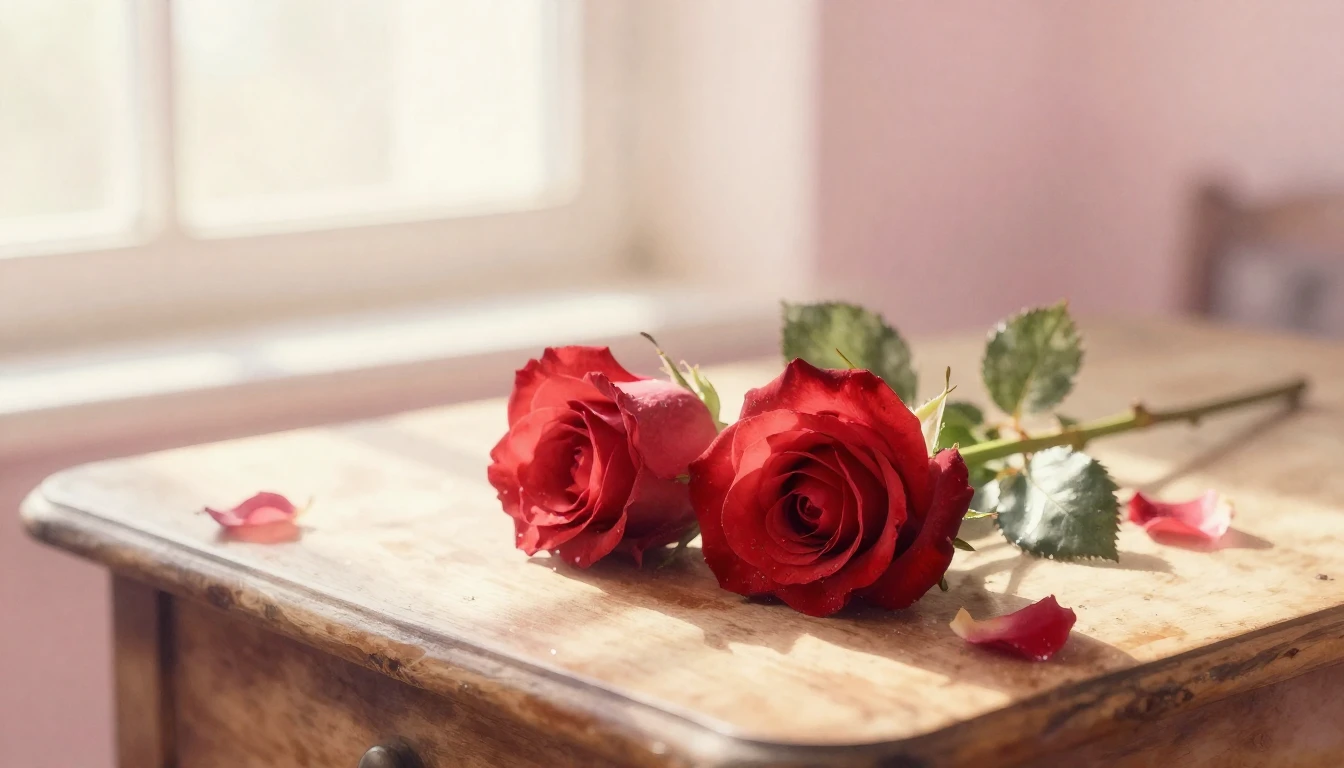 A delicate watercolor painting of two intertwined red roses ...