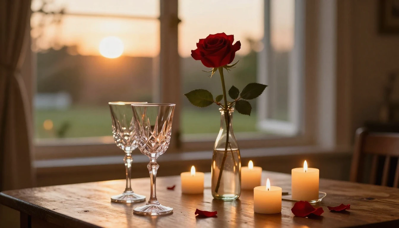 A romantic and cozy indoor setting during a golden hour suns...