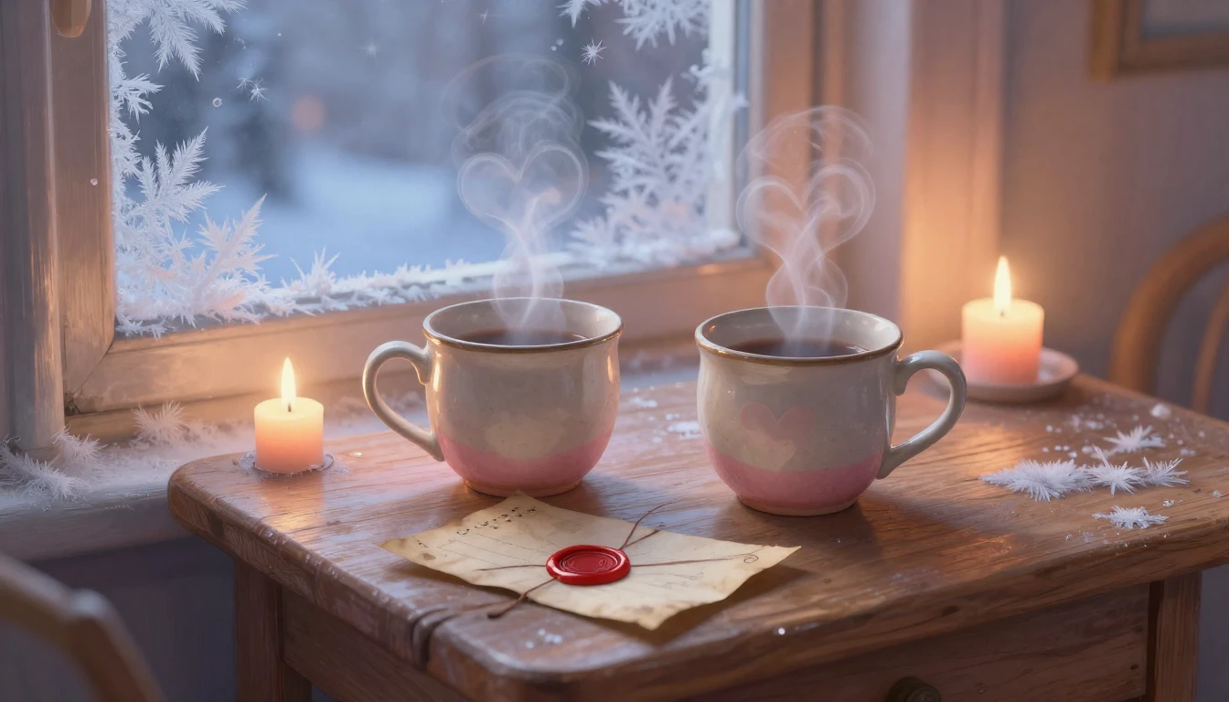 A romantic and cozy scene depicting a close-up of a small wo...