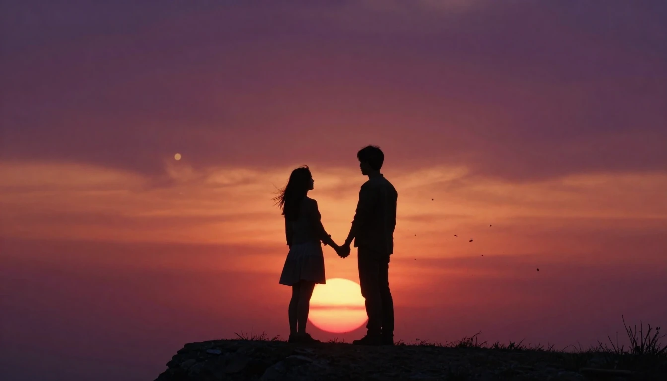 A romantic cinematic shot of a couple standing on a cliff ed...