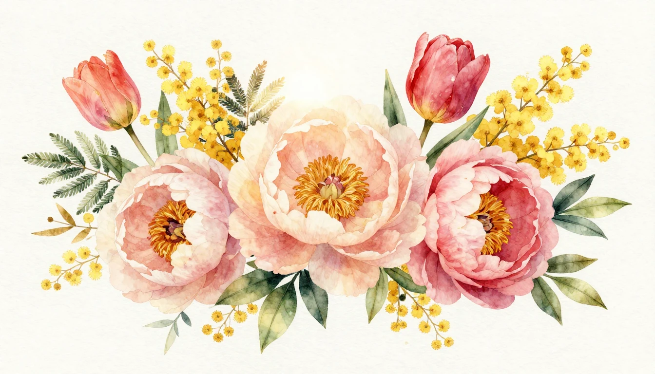 A vibrant and elegant watercolor composition featuring a var...