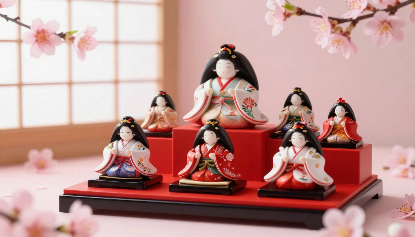 A beautiful arrangement of traditional Japanese Hina dolls o...