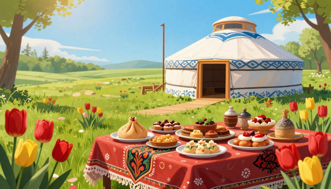 A vibrant and festive illustration celebrating Nauryz, the s...