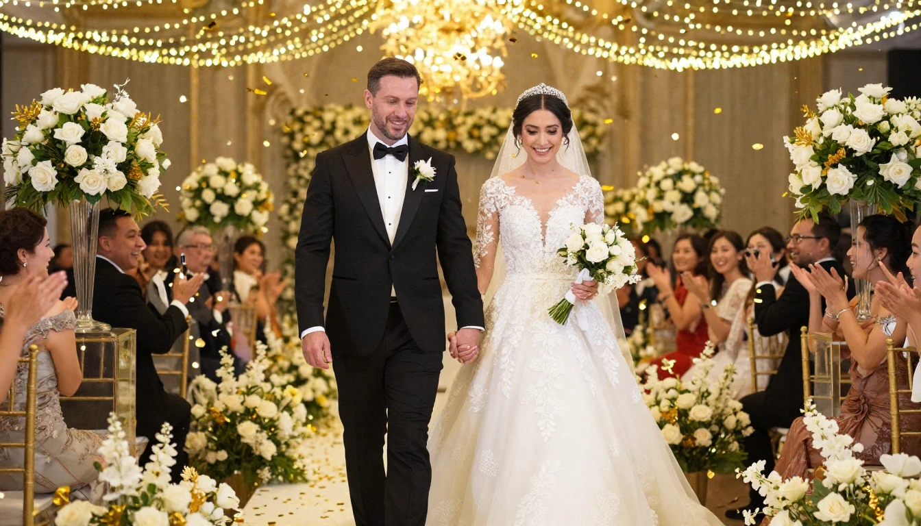 A cinematic wide shot of a lavish wedding celebration, a bri...