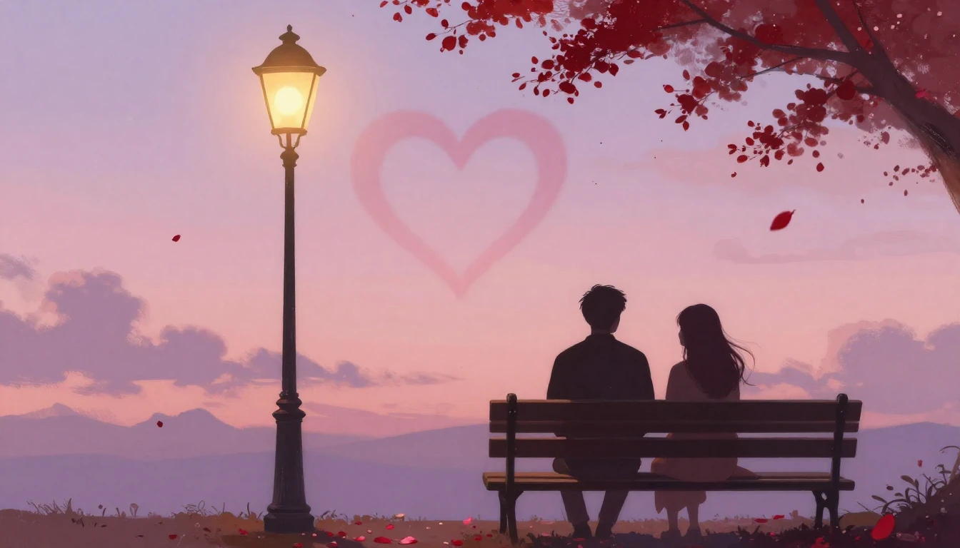 A romantic and dreamy scene featuring two silhouettes sittin...