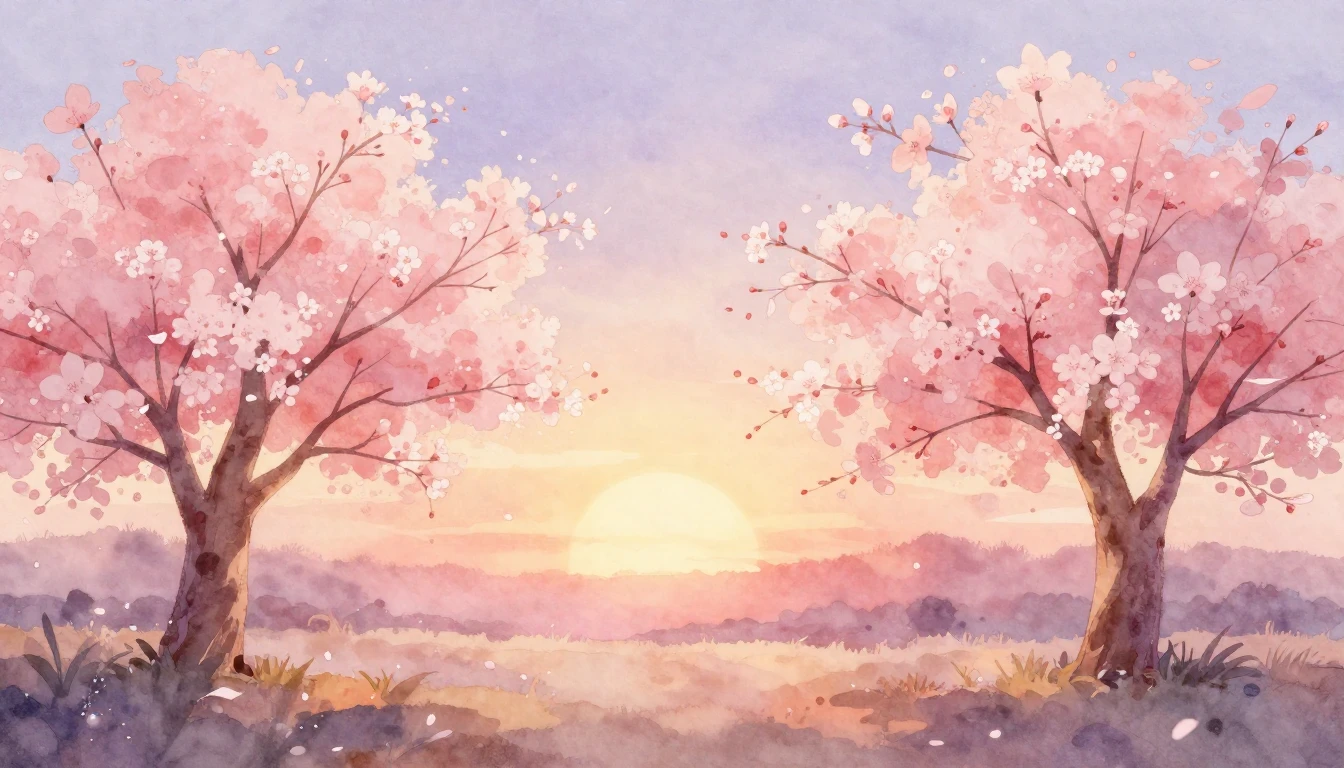 A soft watercolor painting of two delicate cherry blossom tr...