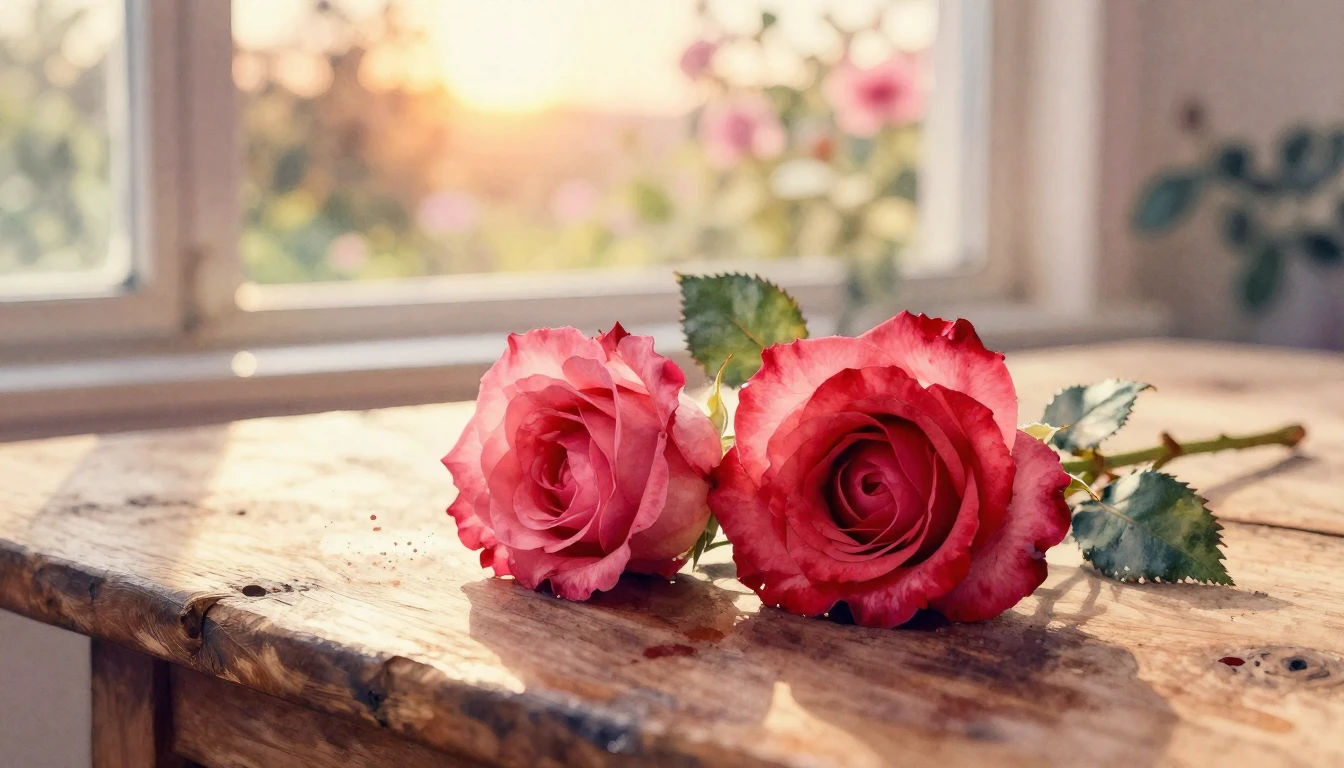 A beautiful watercolor painting of two delicate red roses in...