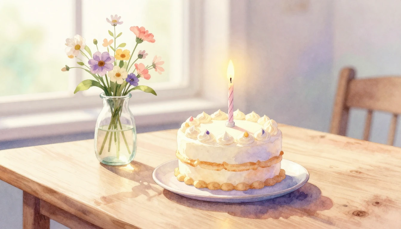 A beautiful watercolor painting of a small, elegant birthday...