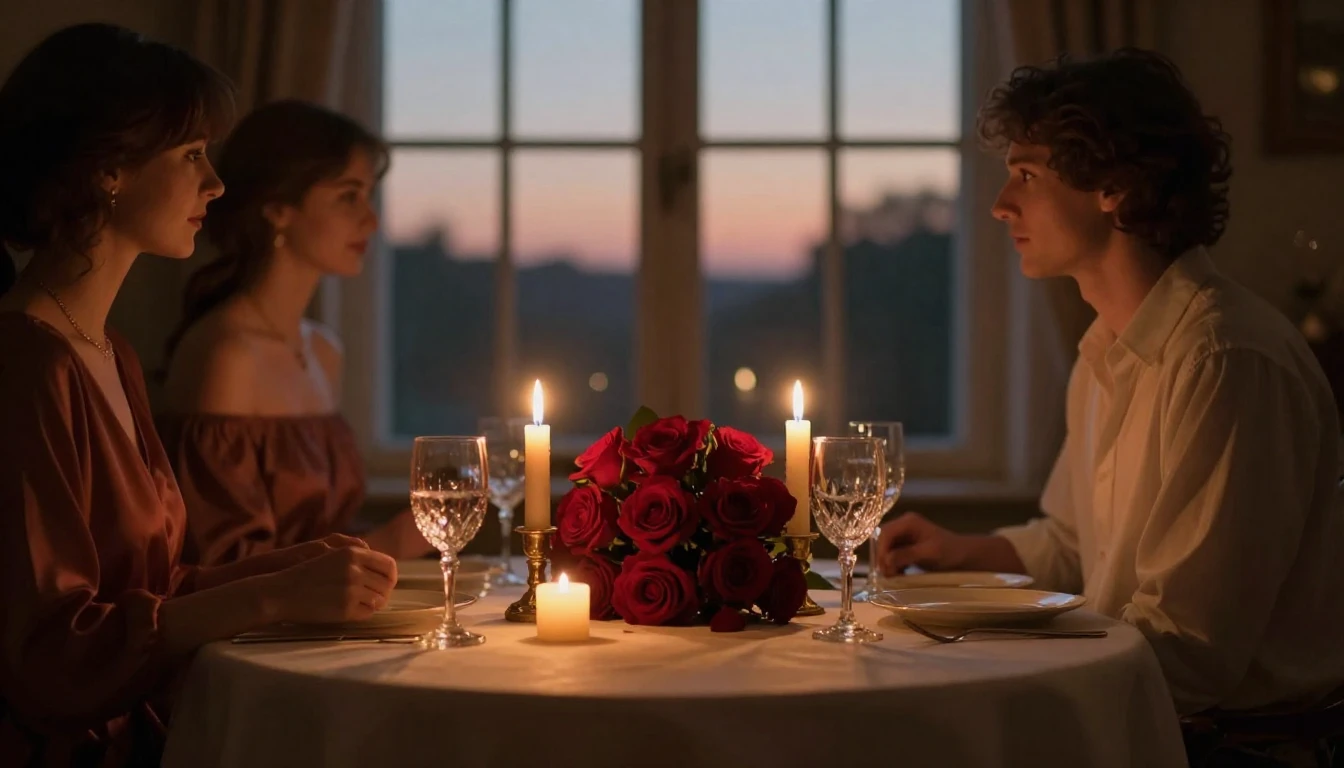 A cozy, dimly lit room with a table set for two. Two glowing...