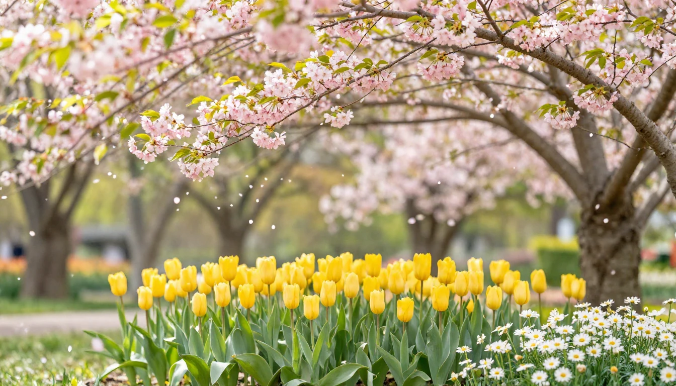 A lush spring garden in full bloom, featuring vibrant cherry...