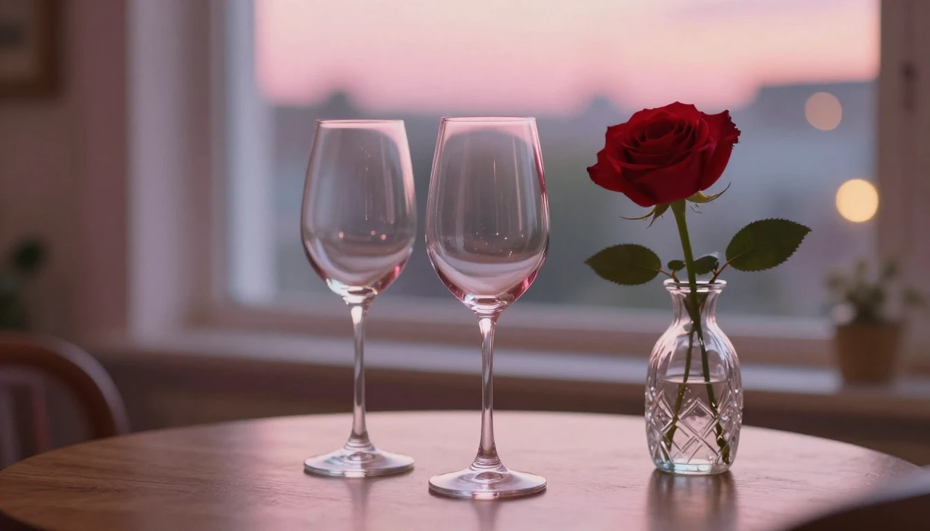 A delicate scene featuring two elegant wine glasses sitting ...