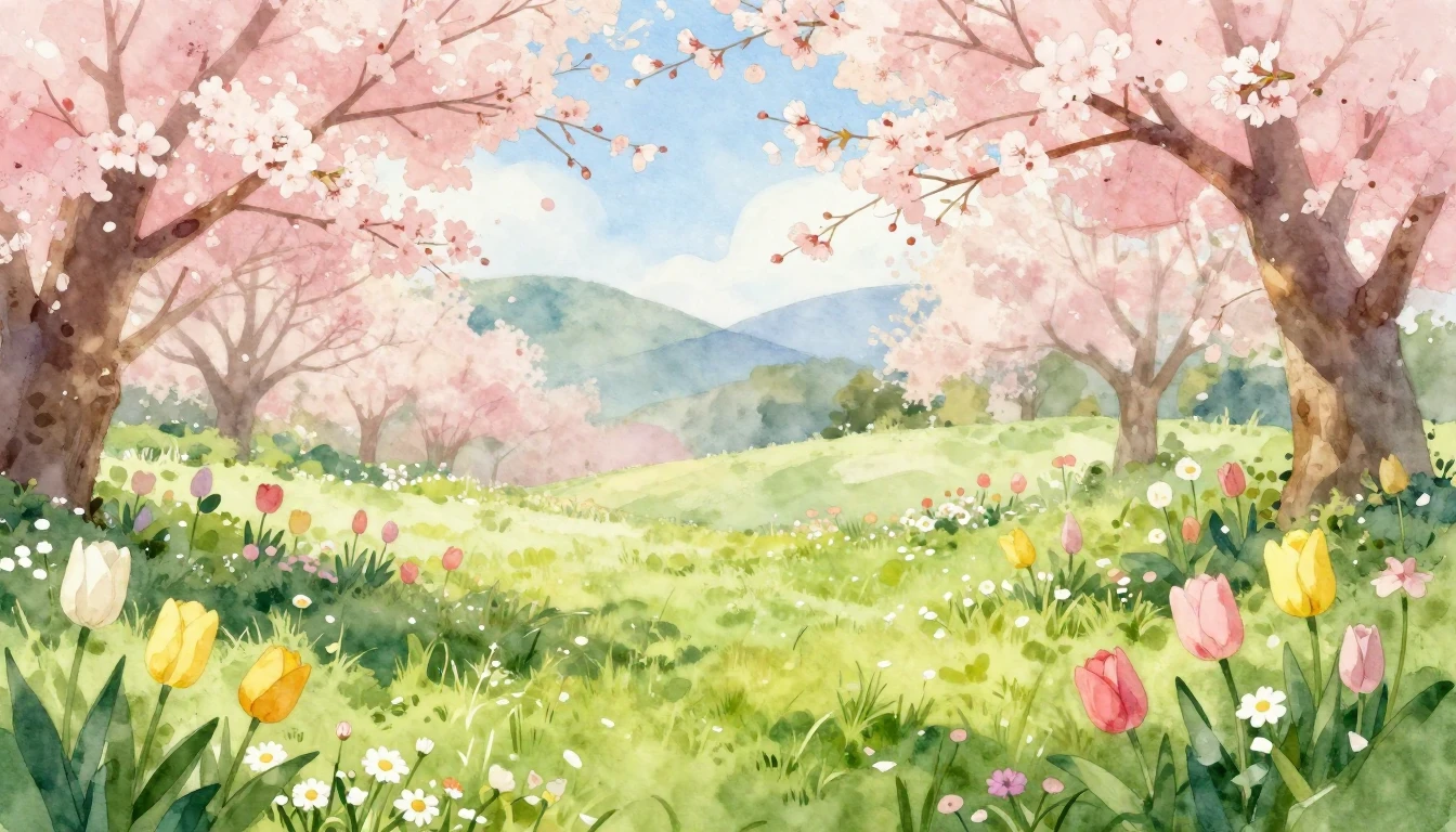 A vibrant watercolor painting of a lush spring garden in ful...