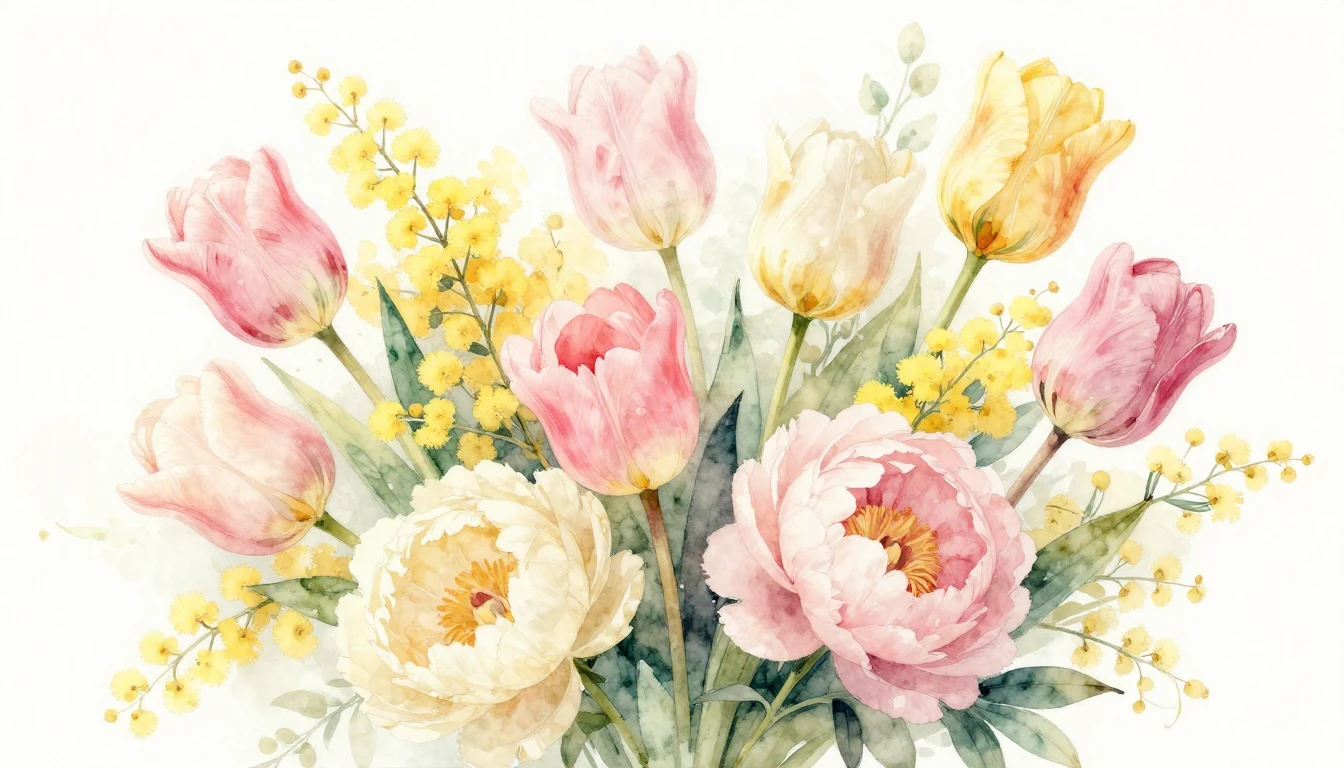 A delicate watercolor painting of a blooming bouquet of spri...