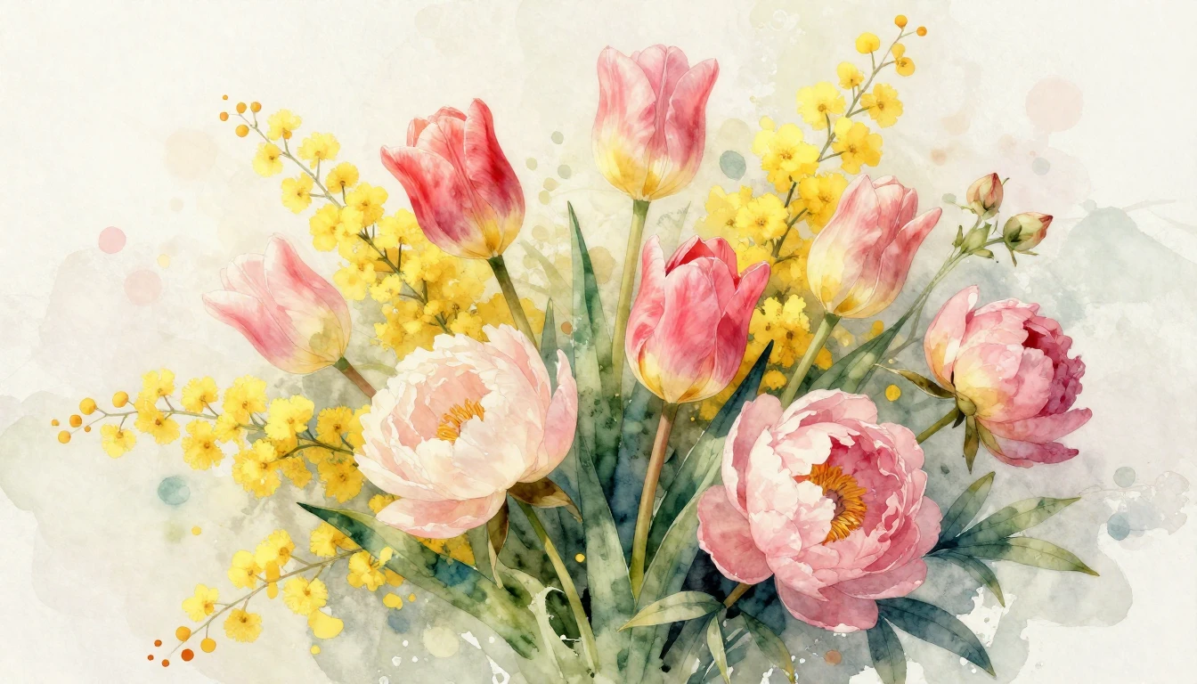 A beautiful and vibrant watercolor painting of a lush bouque...