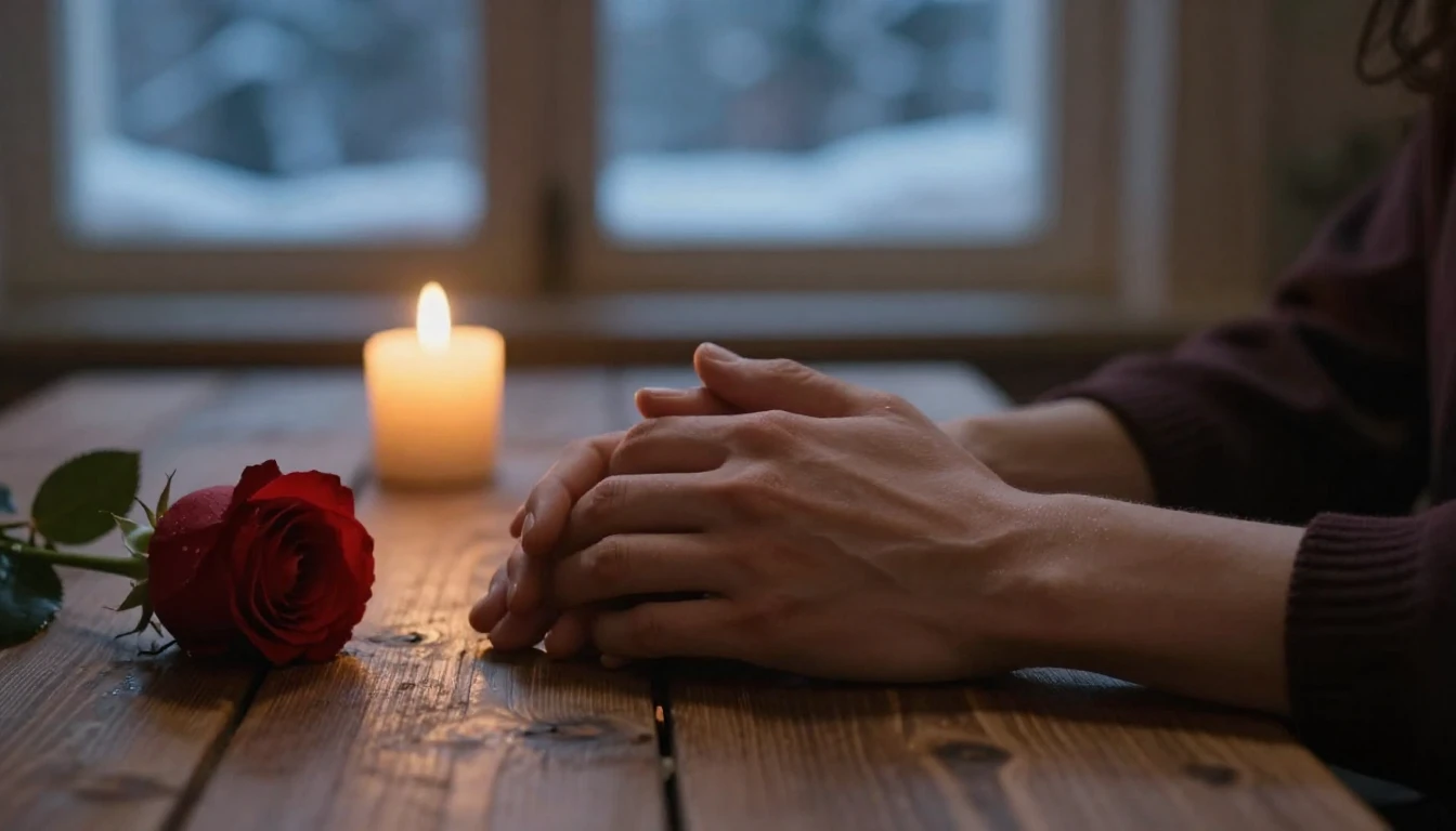 A cinematic close-up shot of two hands gently holding each o...