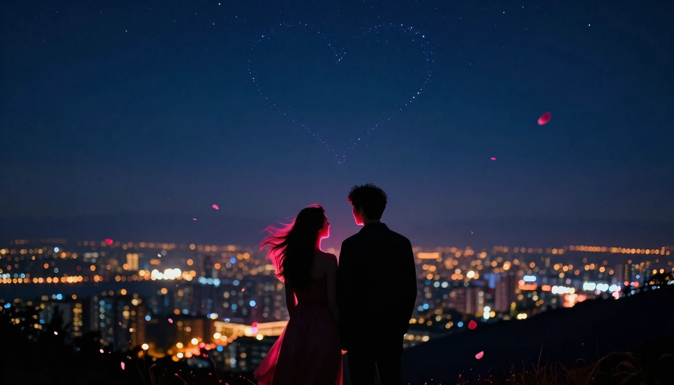 A romantic and atmospheric scene featuring silhouettes of a ...