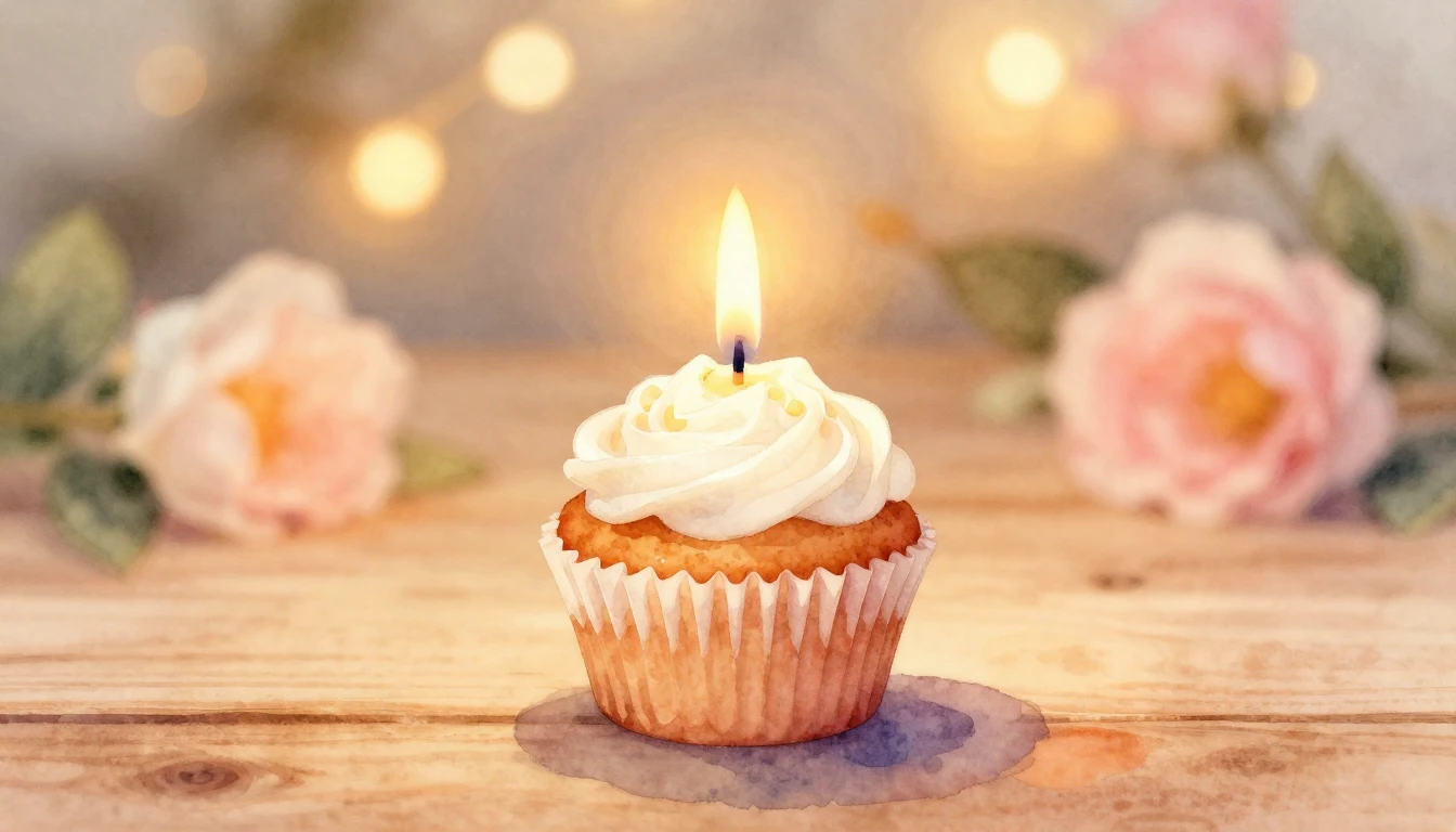 A soft watercolor painting of a single lit candle on a small...