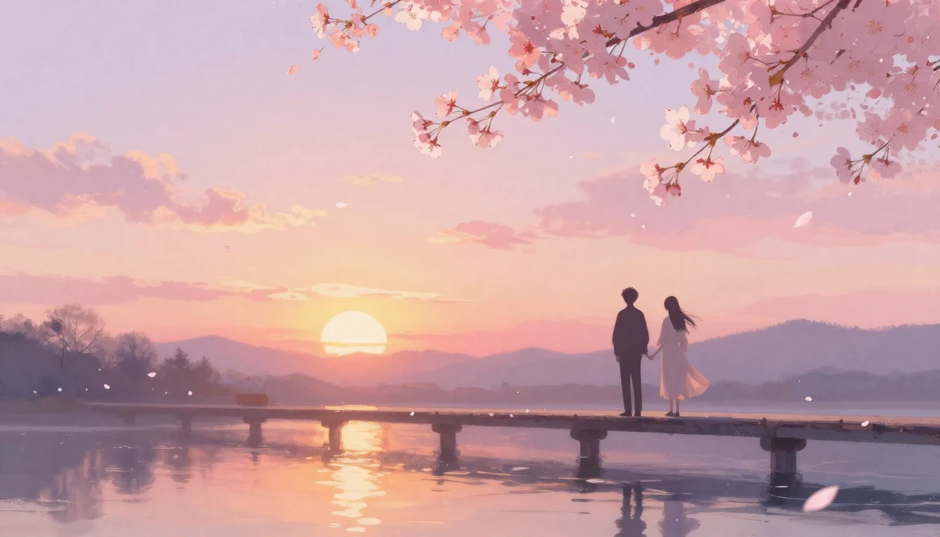 A dreamy and ethereal scene of two silhouettes standing on a...