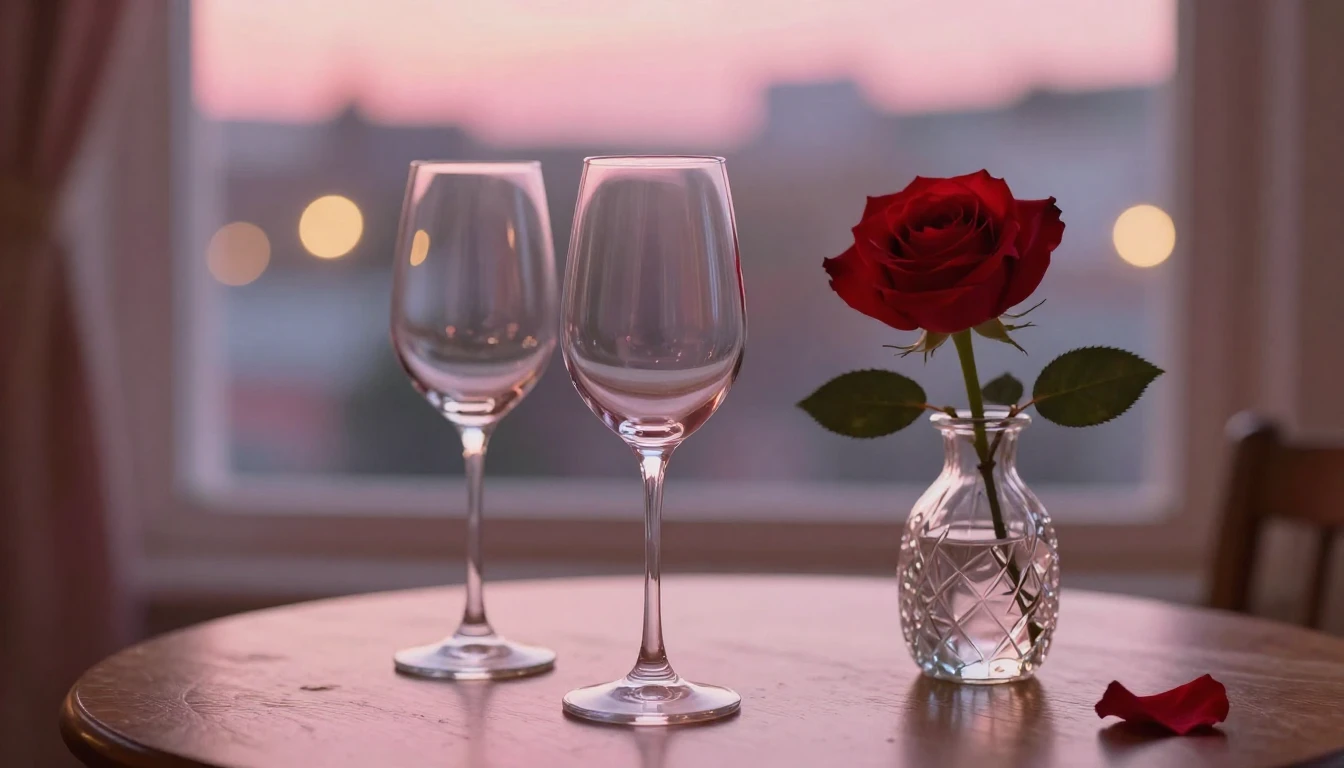 A delicate scene featuring two elegant wine glasses sitting ...