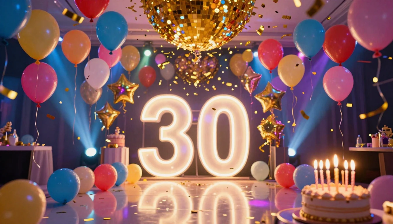A vibrant and festive scene celebrating a 30th birthday part...