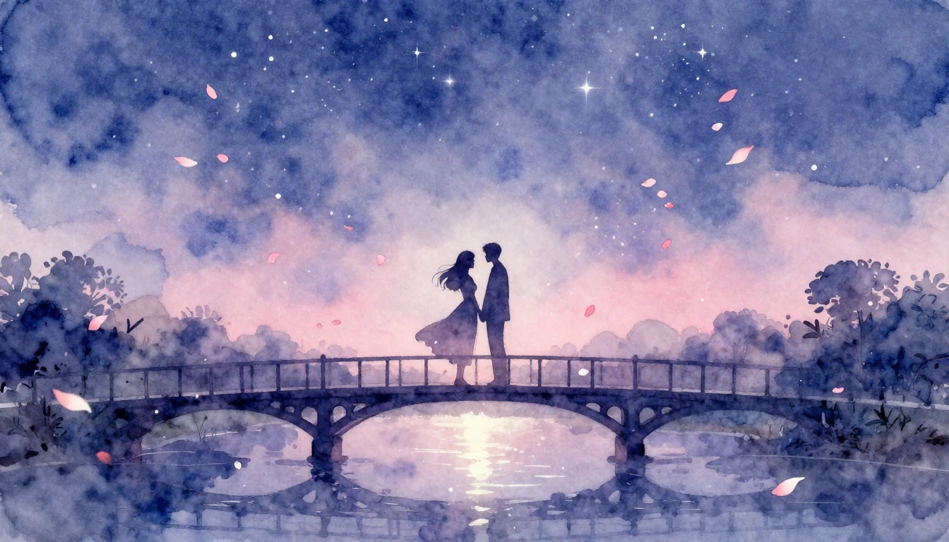 A beautiful and soft watercolor painting depicting two silho...