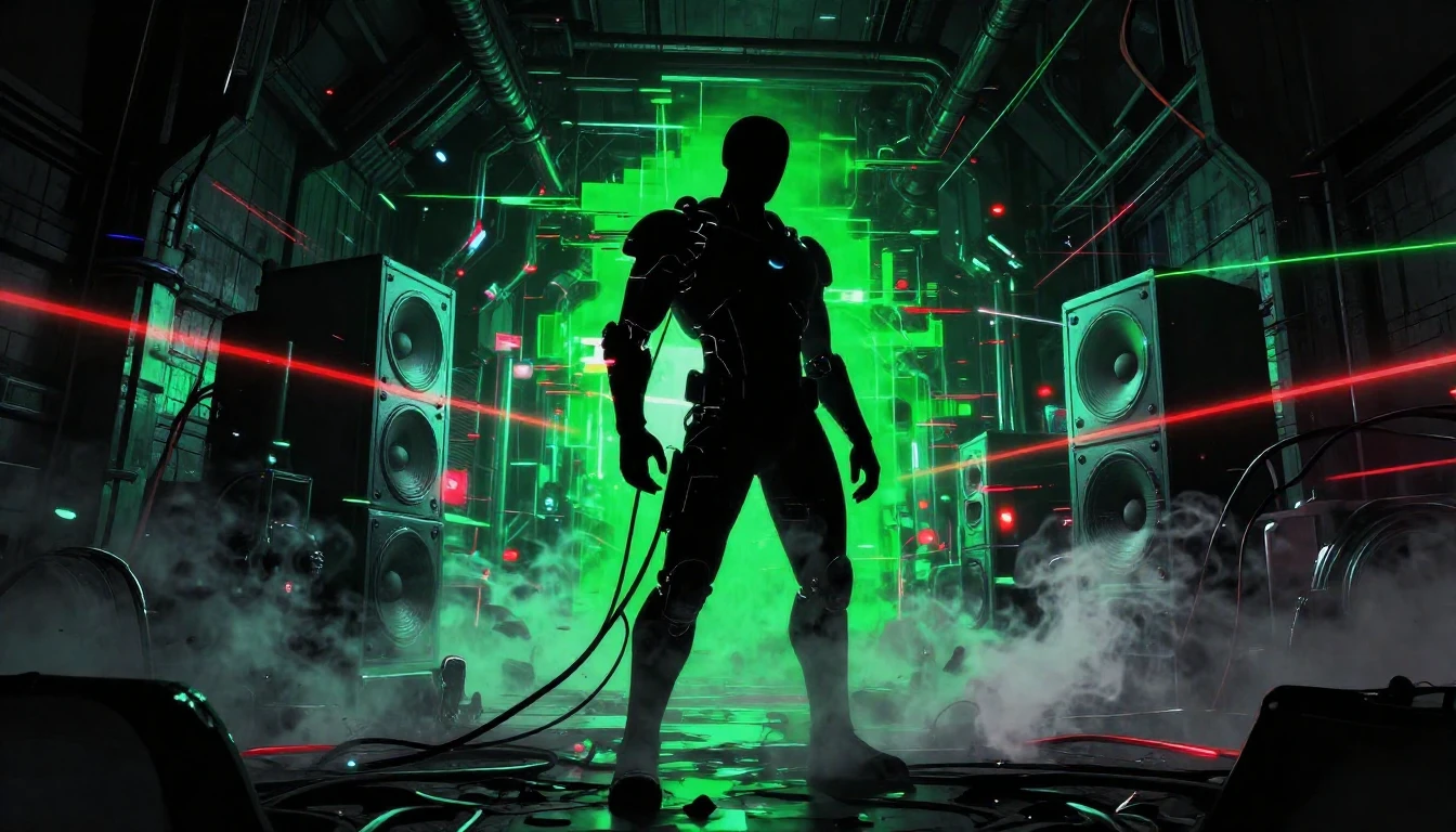 A futuristic cyborg silhouette standing in a dark, neon-lit ...