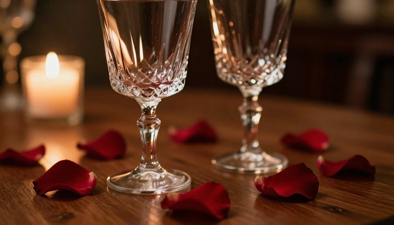 A close-up shot of two elegant crystal glasses on a polished...