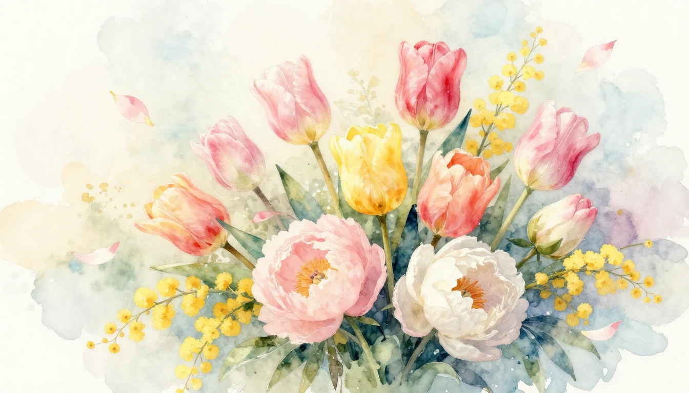A beautiful watercolor painting of a lush spring bouquet fea...