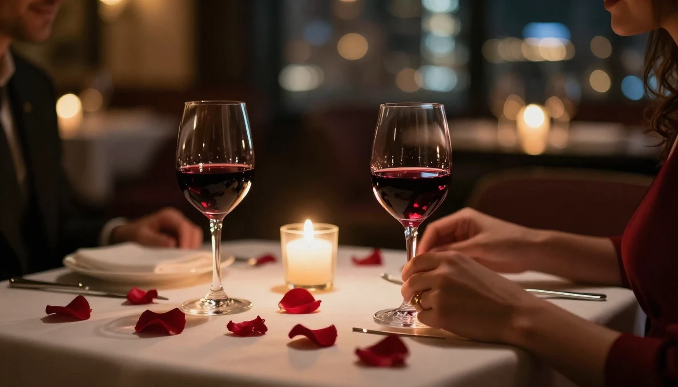 A close-up shot of a beautifully set dinner table for two in...