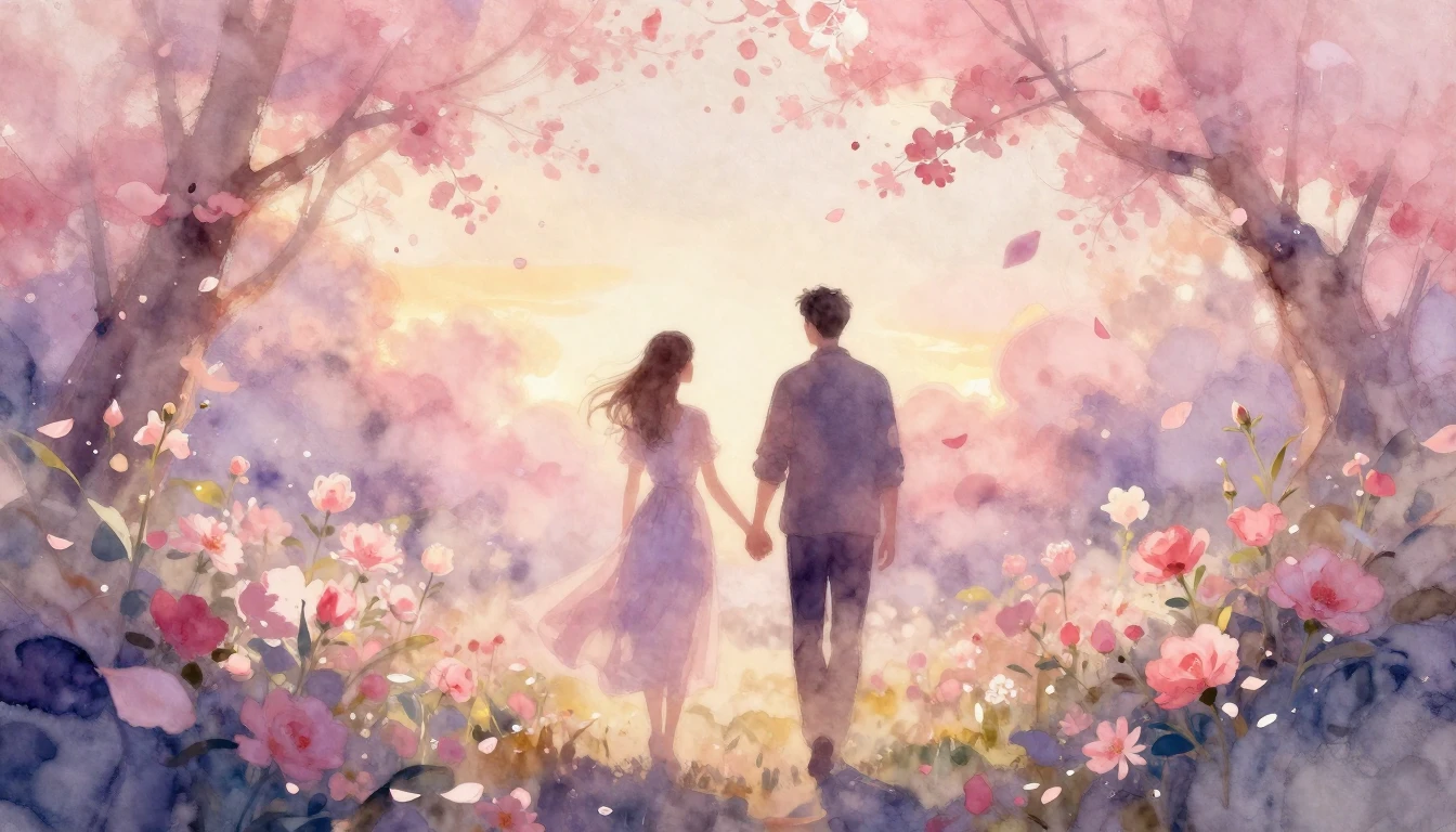 A dreamy and ethereal watercolor painting of two silhouettes...