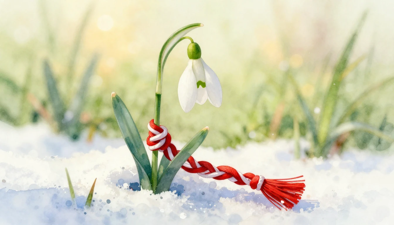 A delicate watercolor painting of a single snowdrop flower e...