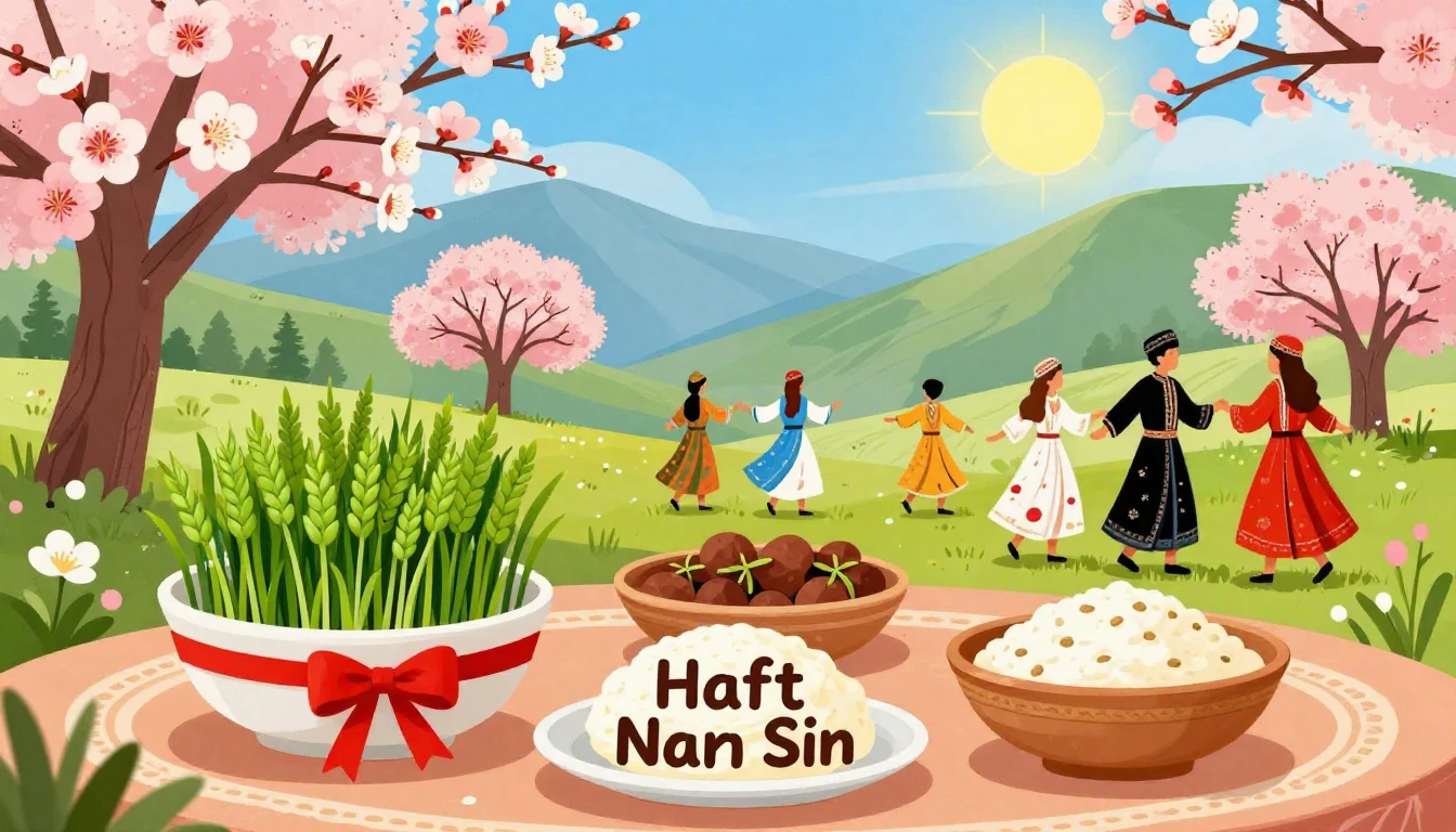 A vibrant and colorful illustration representing the Navruz ...