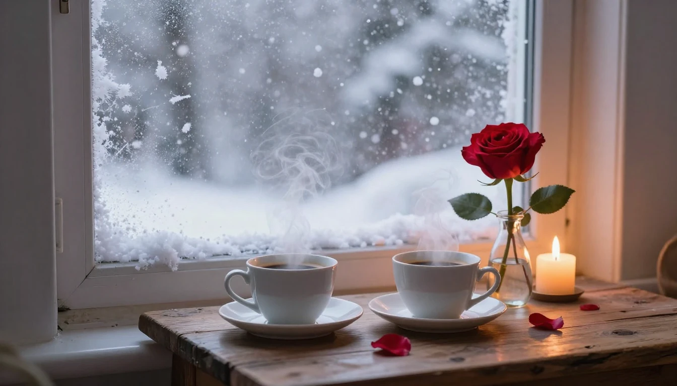 A romantic and cozy scene next to a frosted window with a vi...
