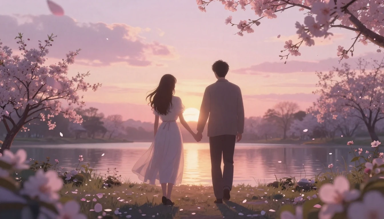 A beautiful, ethereal scene of two silhouettes walking hand-...