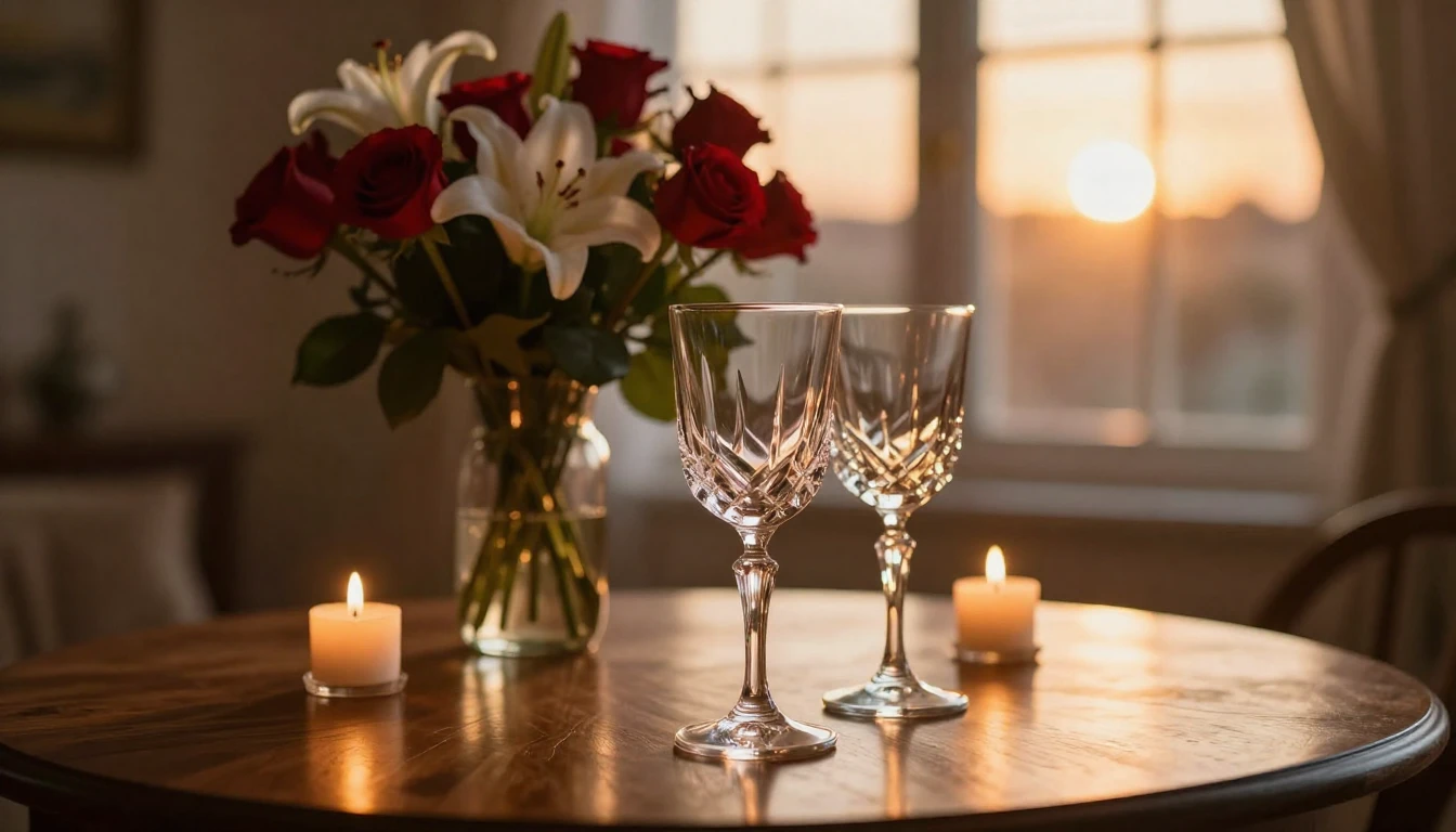 A romantic and intimate setting featuring two elegant crysta...