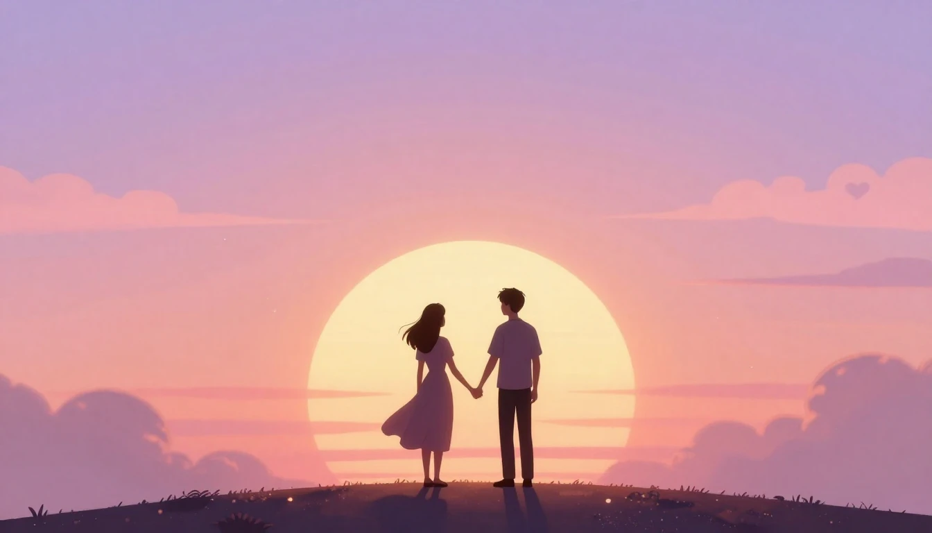 A romantic and dreamy illustration of a couple standing on a...