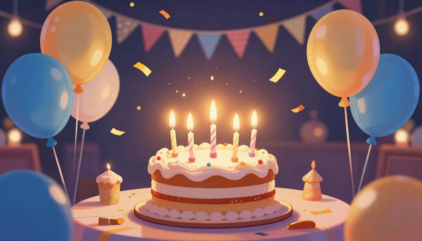 A vibrant and festive birthday celebration scene designed in...