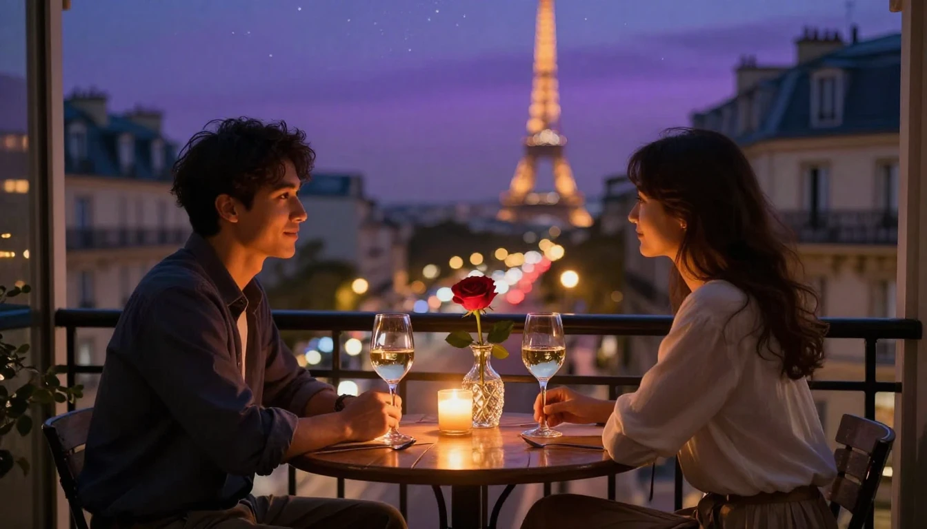 A breathtakingly romantic scene featuring a small wooden tab...