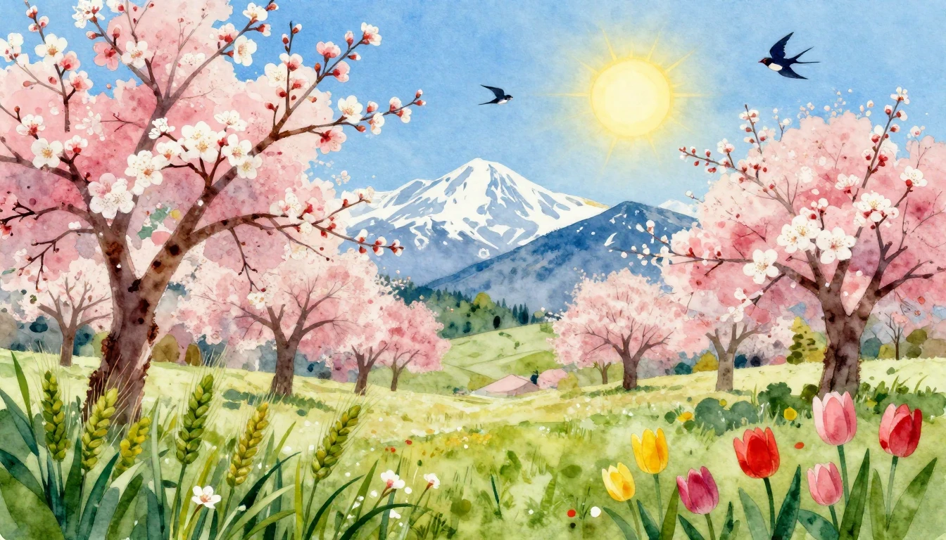 A vibrant and airy watercolor painting celebrating the arriv...