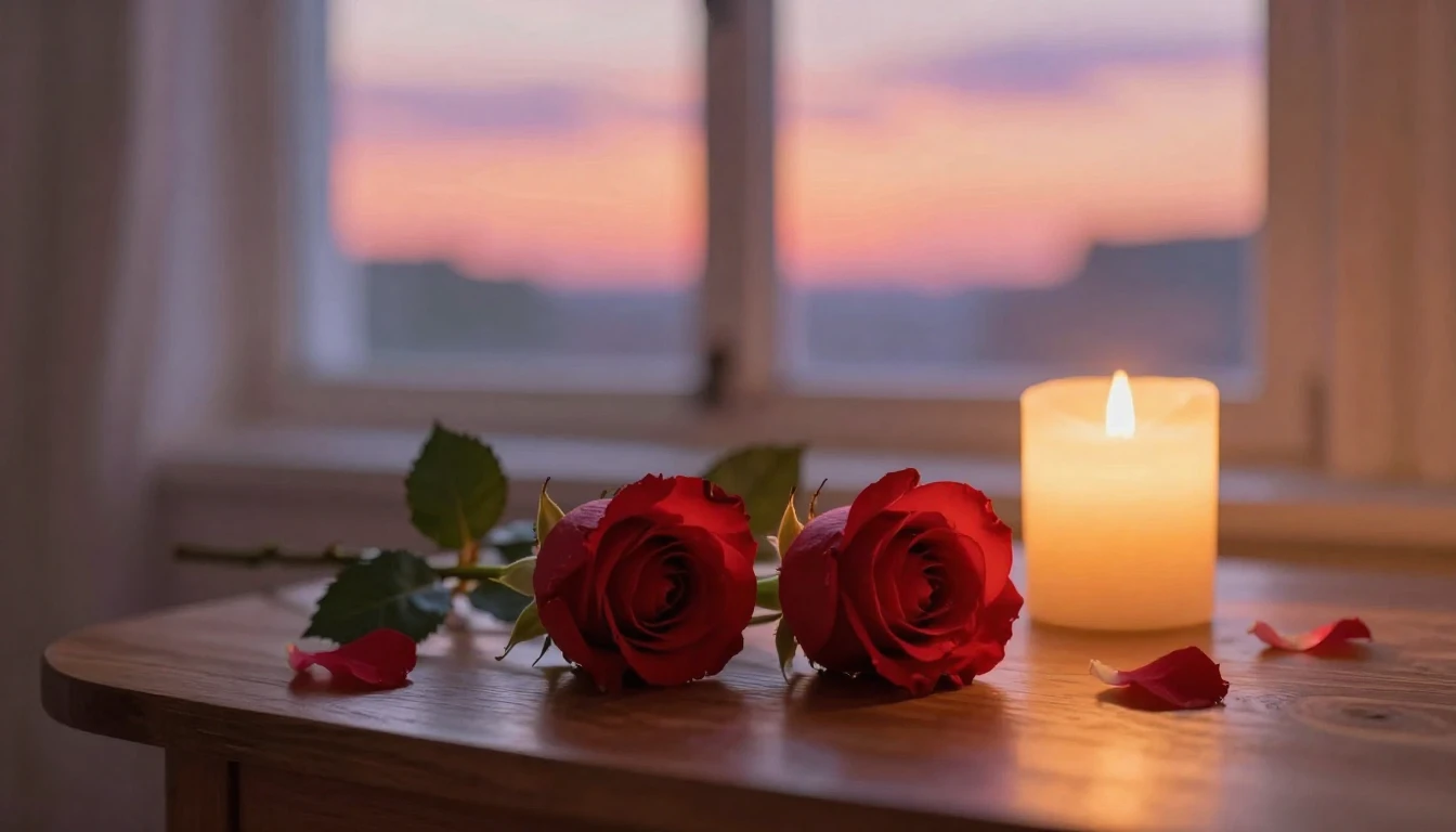 A beautiful and romantic scene featuring two delicate red ro...