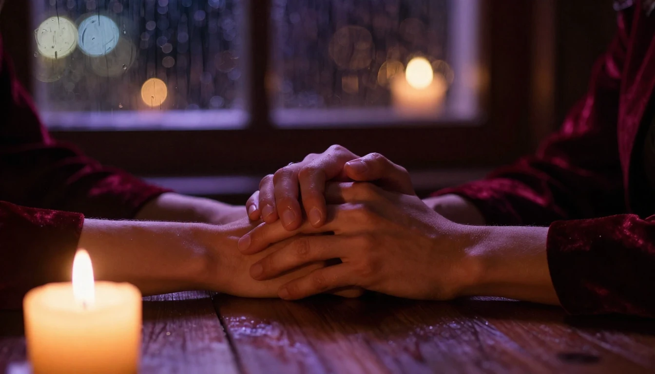 A cinematic close-up shot of two hands intertwining on a woo...