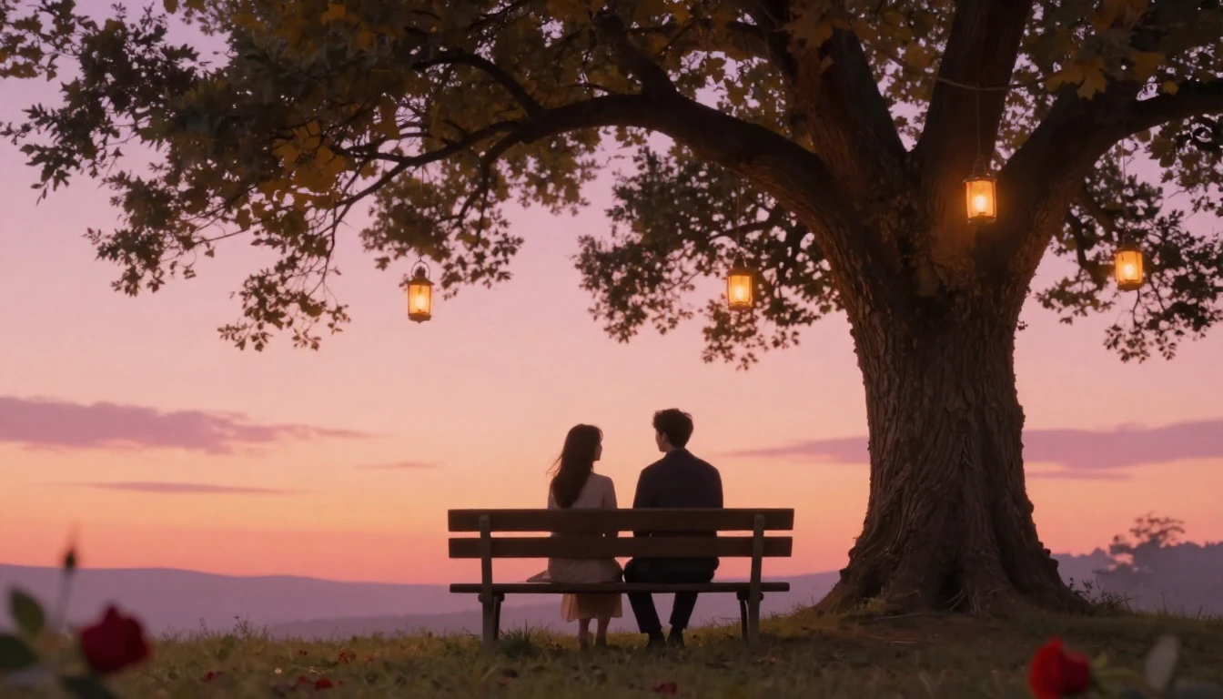 A romantic and soft composition showing two silhouettes sitt...