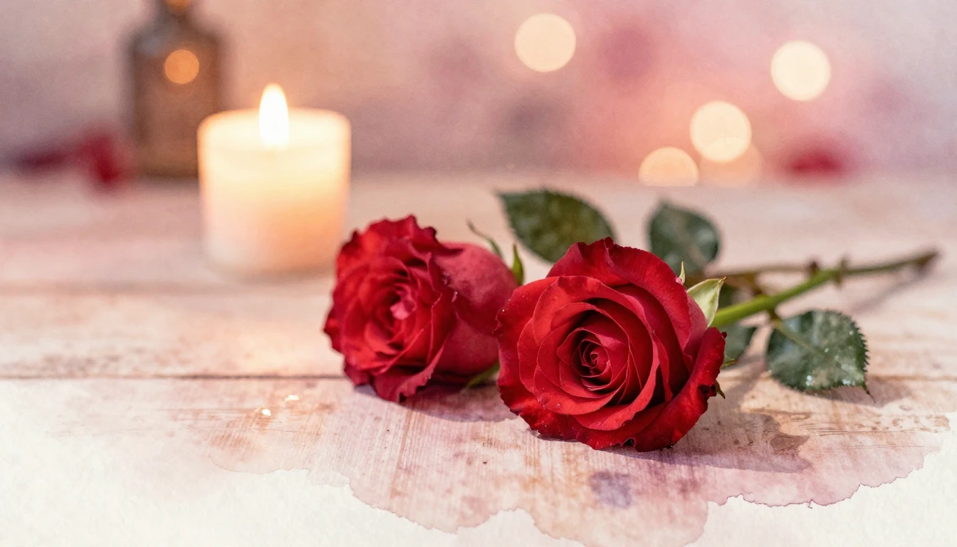 A soft watercolor painting of two delicate red roses lying o...