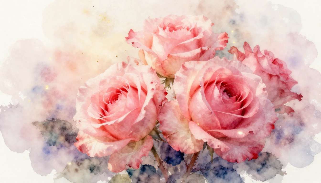 A delicate watercolor painting of two blooming roses intertw...
