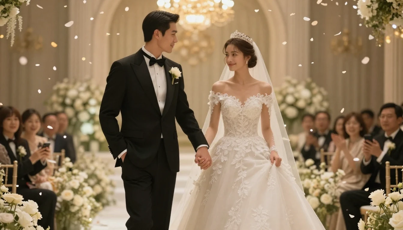 A cinematic shot of a bride and groom holding hands in a bea...