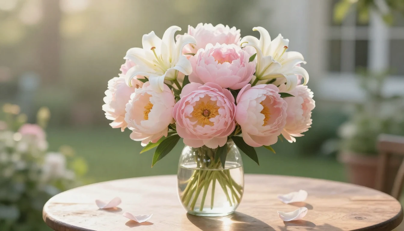 A beautiful bouquet of soft pink peonies and white lilies in...