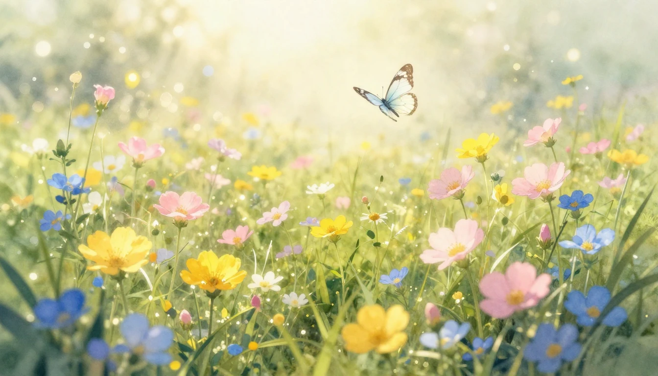 A vibrant and ethereal watercolor painting depicting a sunli...